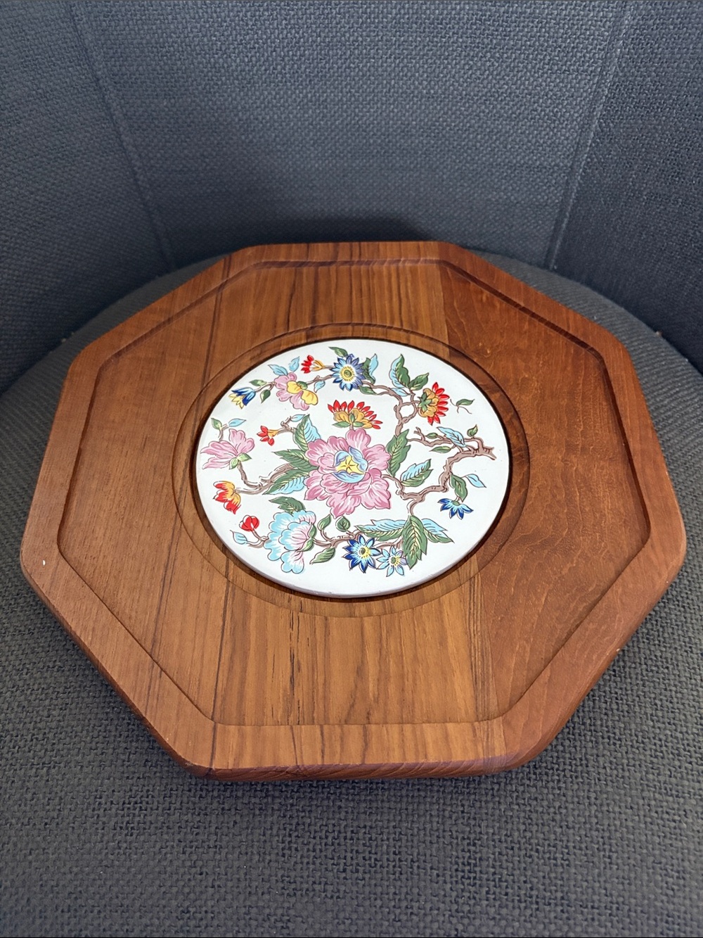 Octagonal Teak Wood Trivet with Floral Ceramic Inset